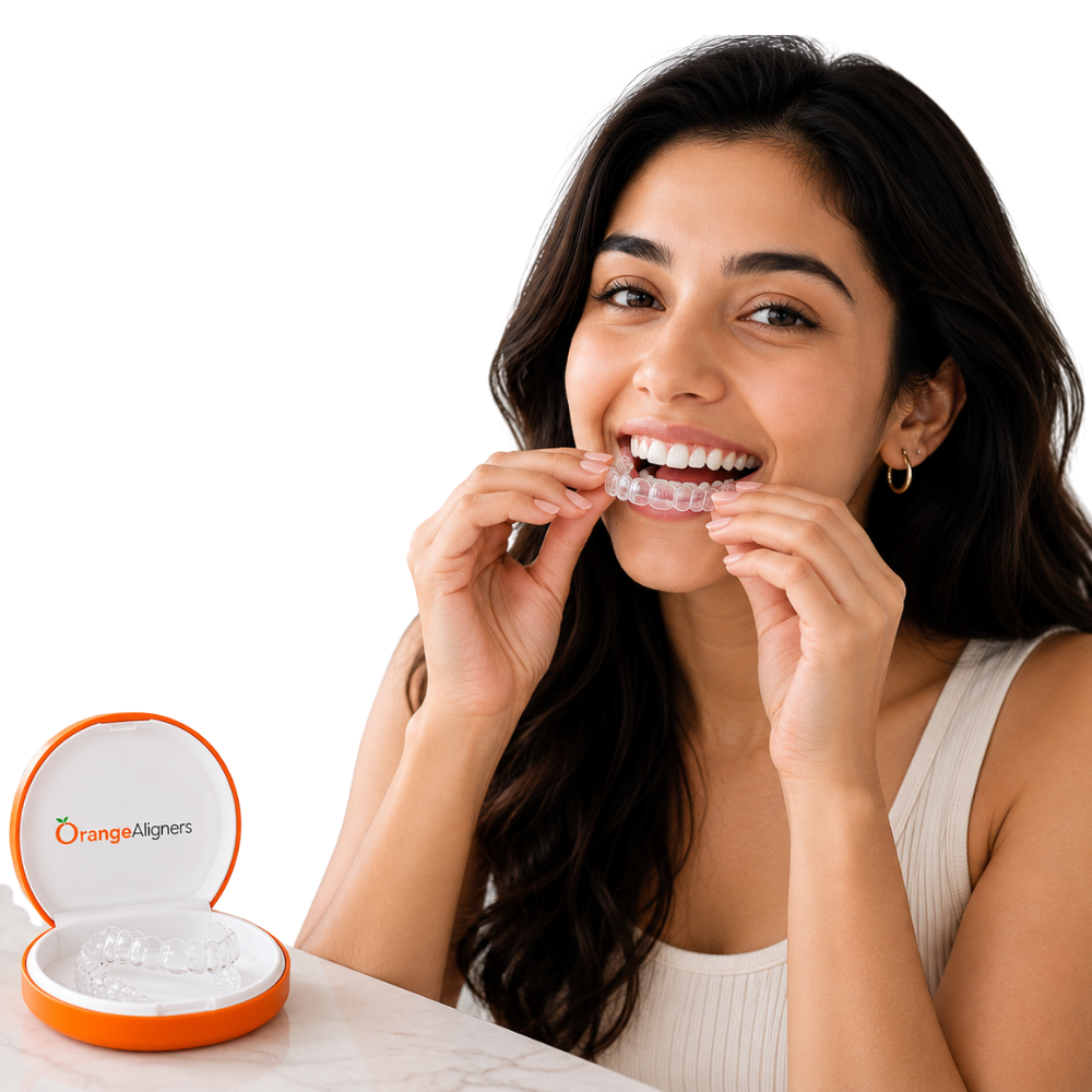 Orange Aligners — clear aligner worn by a patient